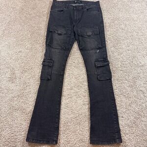 Octagon Cargo Jeans Mens 32x36 Washed Black Good Slim Flare Multi Pocket Denim